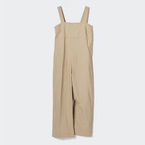 Uniqlo Linen Blend Beige Jumpsuit Adjustable Straps Square Neck Smocked Back L
